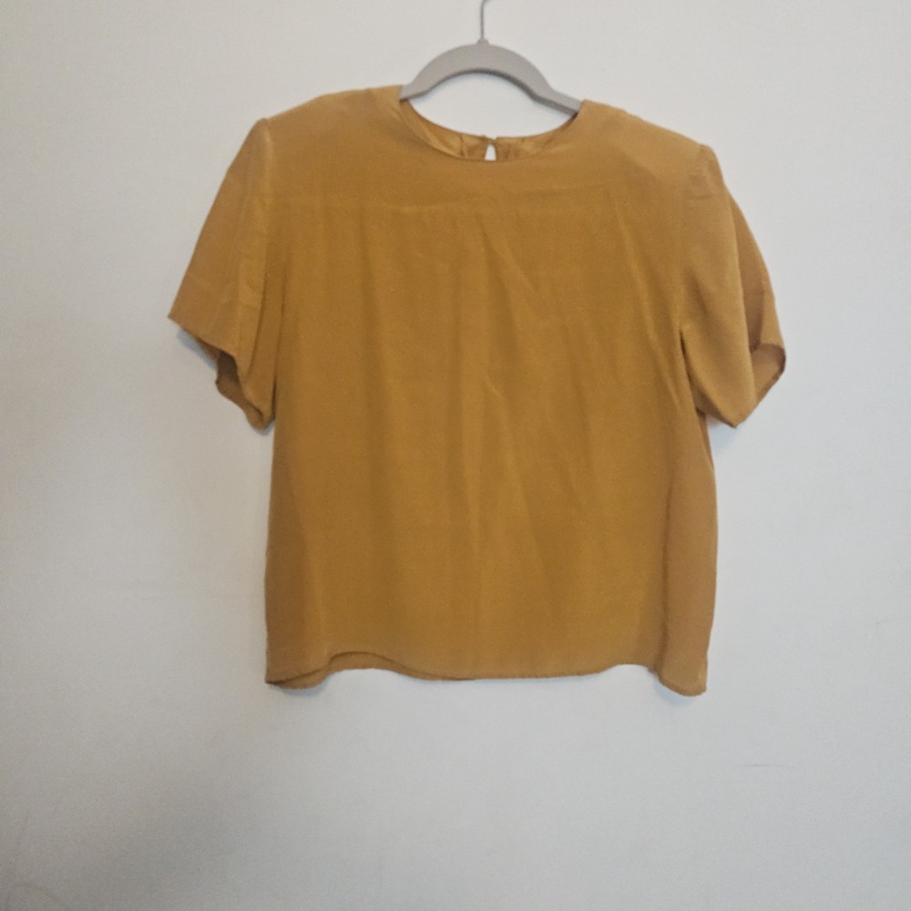 Vintage 100% Silk Boxy Short Sleeves Minimalist 90s Small Mustard Blouse
